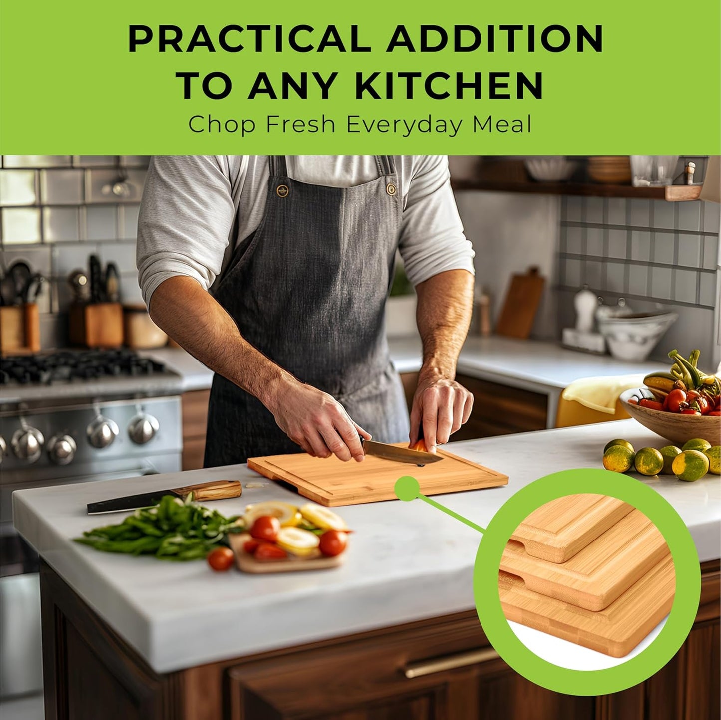 Bamboo Cutting Board Set - Chopping Boards for Kitchen Meal Prep - Set of 3 - Built-In Side Handles, Serving Tray, Cheese Platter - Meat Cutting Boards