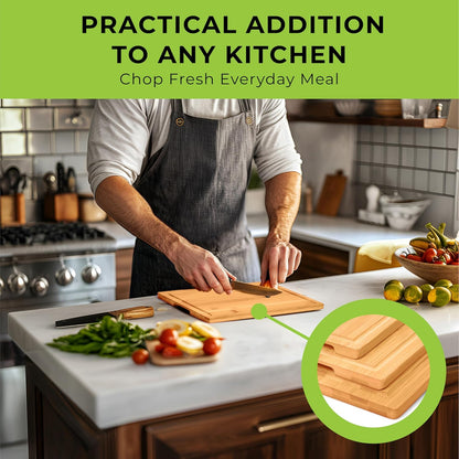Bamboo Cutting Board Set - Chopping Boards for Kitchen Meal Prep - Set of 3 - Built-In Side Handles, Serving Tray, Cheese Platter - Meat Cutting Boards