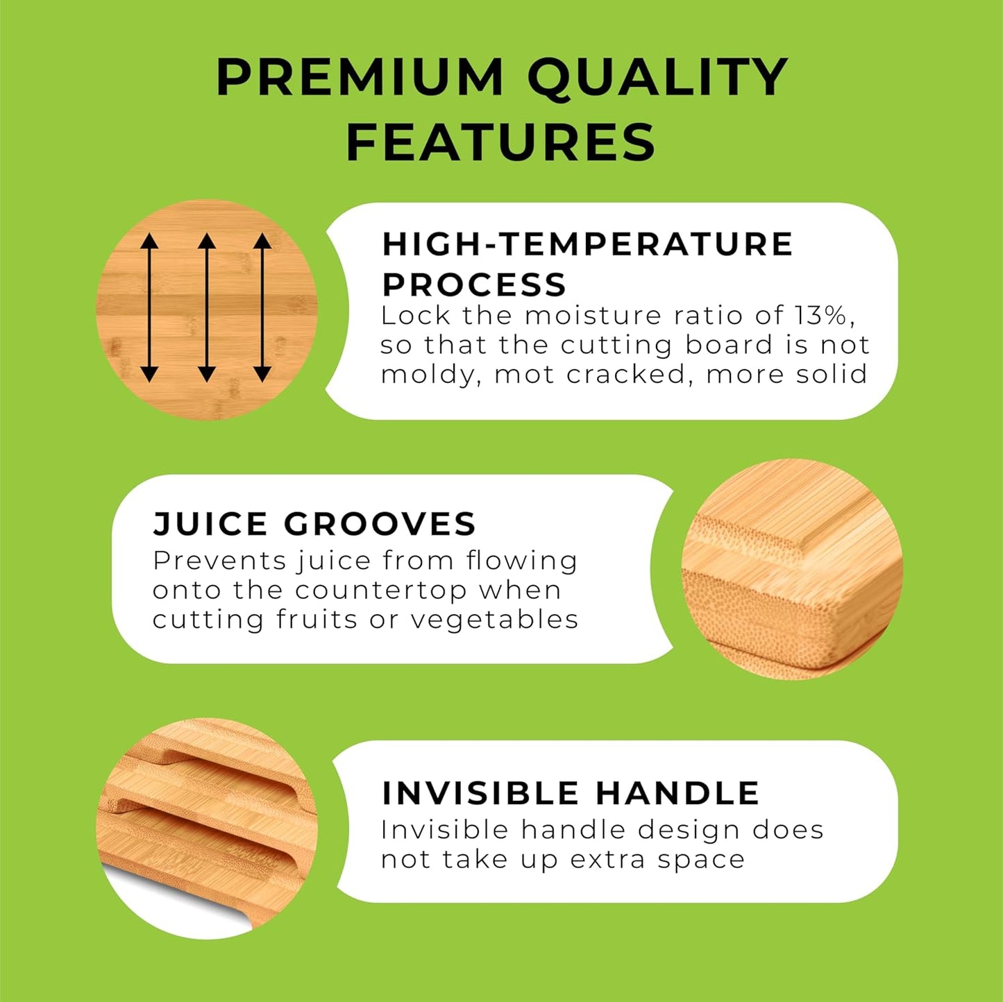 Bamboo Cutting Board Set - Chopping Boards for Kitchen Meal Prep - Set of 3 - Built-In Side Handles, Serving Tray, Cheese Platter - Meat Cutting Boards