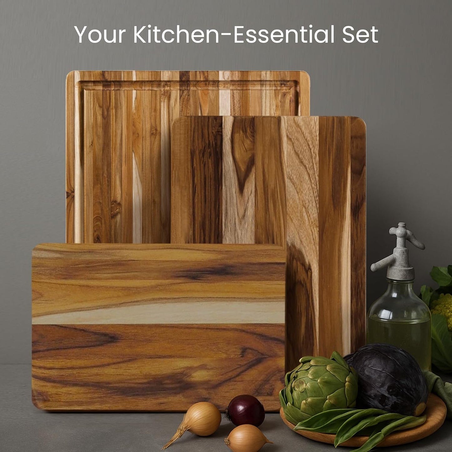 Teak Wood Cutting Board Set of 3 - Small, Medium and Large Teak Cutting Boards - Holiday Gift Ideas for Men and Women - Gift-Ready, Reversible, Edge Grain, Knife Friendly - FSC Certified
