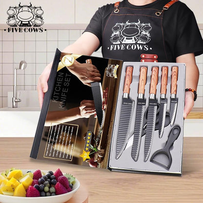 7-Piece Ultra Sharp Chef Knife Set - Premium German High Carbon Stainless Steel, Ergonomic Wood Pattern Handle, Professional Kitchen Knives with Gift Box (Brown 7 Piece)