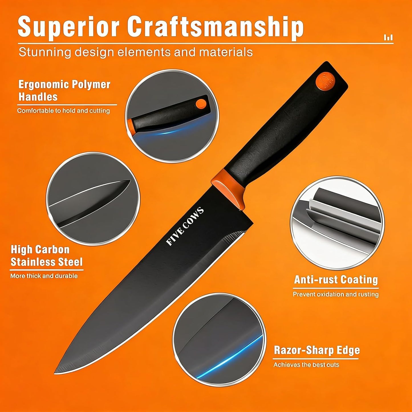 7-Piece Ultra Sharp Chef Knife Set - Premium German High Carbon Stainless Steel, Ergonomic Wood Pattern Handle, Professional Kitchen Knives with Gift Box (Brown 7 Piece)