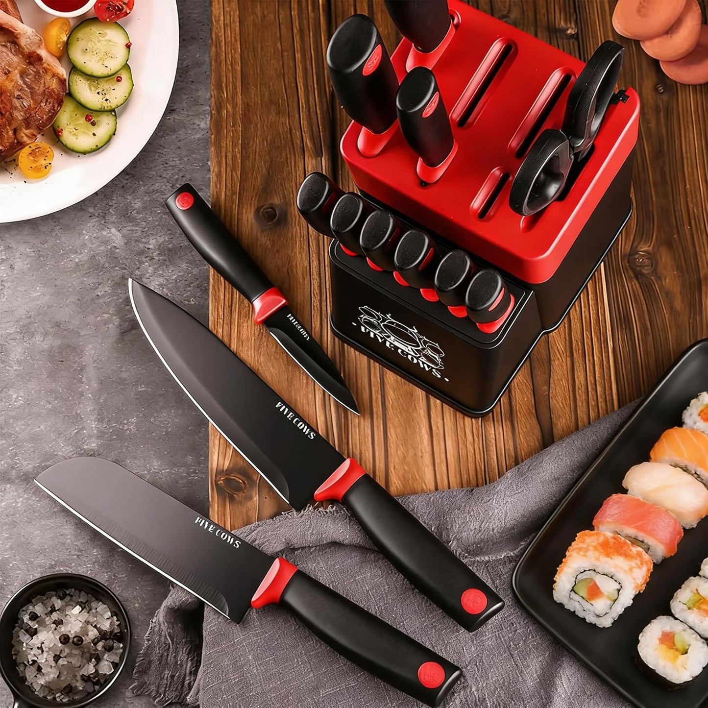 7-Piece Ultra Sharp Chef Knife Set - Premium German High Carbon Stainless Steel, Ergonomic Wood Pattern Handle, Professional Kitchen Knives with Gift Box (Brown 7 Piece)
