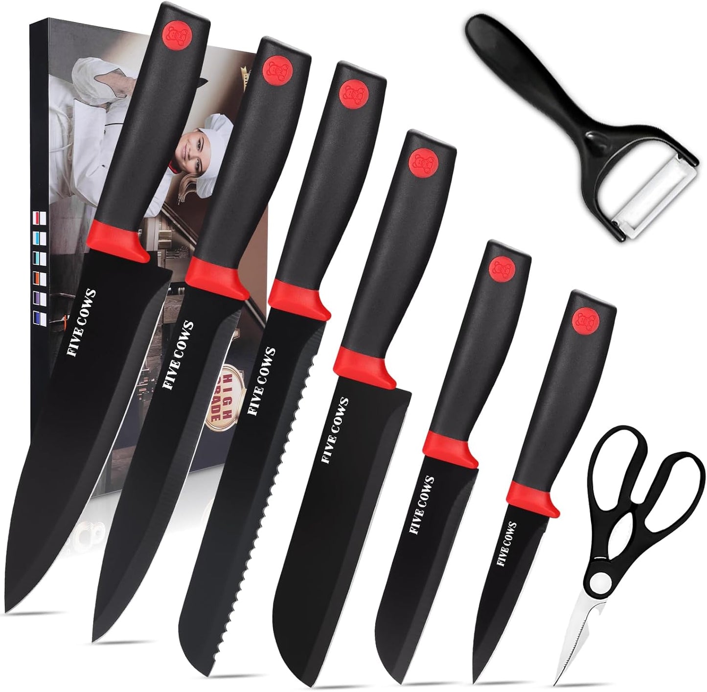 7-Piece Ultra Sharp Chef Knife Set - Premium German High Carbon Stainless Steel, Ergonomic Wood Pattern Handle, Professional Kitchen Knives with Gift Box (Brown 7 Piece)