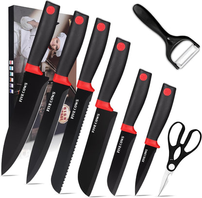 7-Piece Ultra Sharp Chef Knife Set - Premium German High Carbon Stainless Steel, Ergonomic Wood Pattern Handle, Professional Kitchen Knives with Gift Box (Brown 7 Piece)