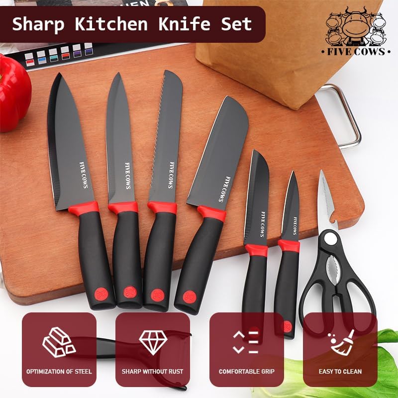 7-Piece Ultra Sharp Chef Knife Set - Premium German High Carbon Stainless Steel, Ergonomic Wood Pattern Handle, Professional Kitchen Knives with Gift Box (Brown 7 Piece)