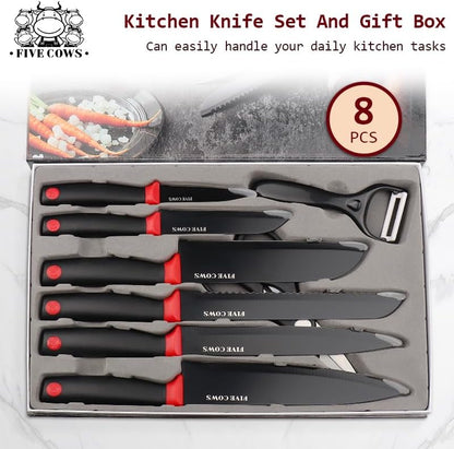 7-Piece Ultra Sharp Chef Knife Set - Premium German High Carbon Stainless Steel, Ergonomic Wood Pattern Handle, Professional Kitchen Knives with Gift Box (Brown 7 Piece)