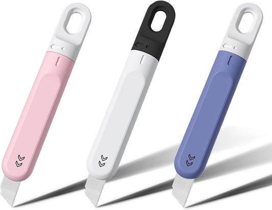 3 PCS Small Box Cutter, Small Utility Knife, Mini Pink Box Cutter for Women Rotate to Retract Box Opener, Retractable Box Cutter, Package Opener, Box Cutters for Home Office Travel and DIY