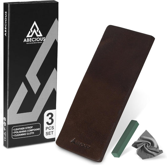 Leather Strop for Knife Sharpening – Premium Two-Sided Leather Strop with Green Honing Compound & Cleaning cloth – Razor Sharp Edge for Knives, Chisels, Axes, Plane Blades & Tools