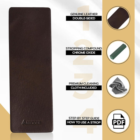Leather Strop for Knife Sharpening – Premium Two-Sided Leather Strop with Green Honing Compound & Cleaning cloth – Razor Sharp Edge for Knives, Chisels, Axes, Plane Blades & Tools