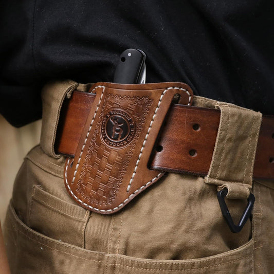 Tourbn Leather Pocket Folding Knife Sheath for Belt EDC Holster Man Cross Draw Right Side Carry Open Top Trapper Knives Carrier