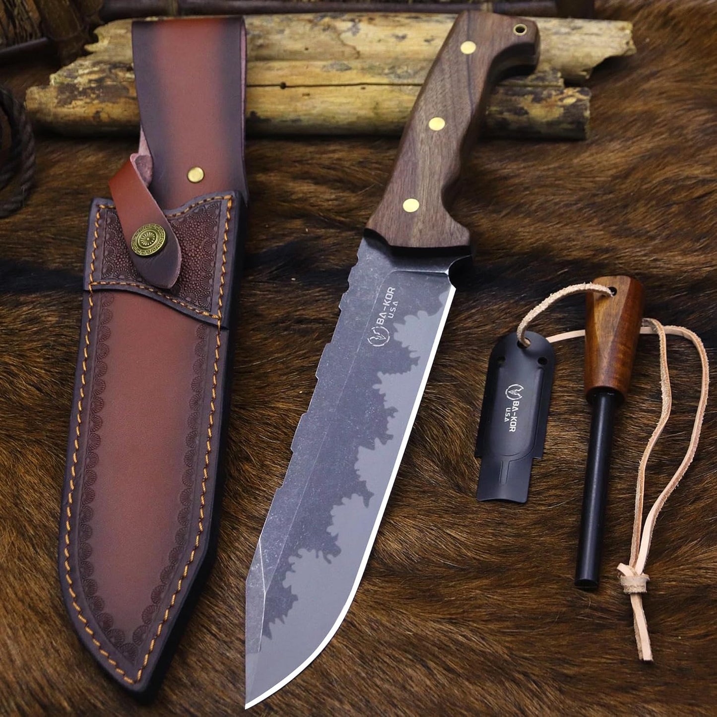 DC53 Steel 36CM (14.3IN) Full Tang 6mm Thick Fixed Knife+Sheath&(5.9IN) Cerium Igniter, Suitable for Outdoor Hunting, Camping, Survival Exploration, EDC