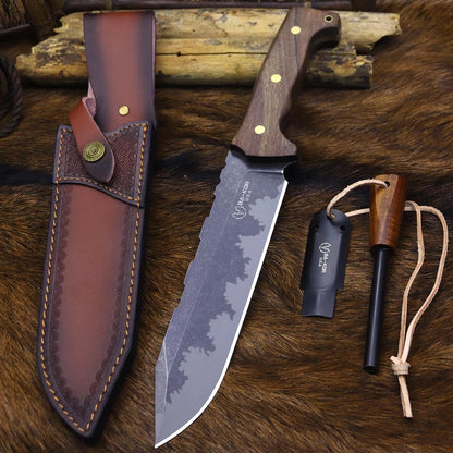 DC53 Steel 36CM (14.3IN) Full Tang 6mm Thick Fixed Knife+Sheath&(5.9IN) Cerium Igniter, Suitable for Outdoor Hunting, Camping, Survival Exploration, EDC