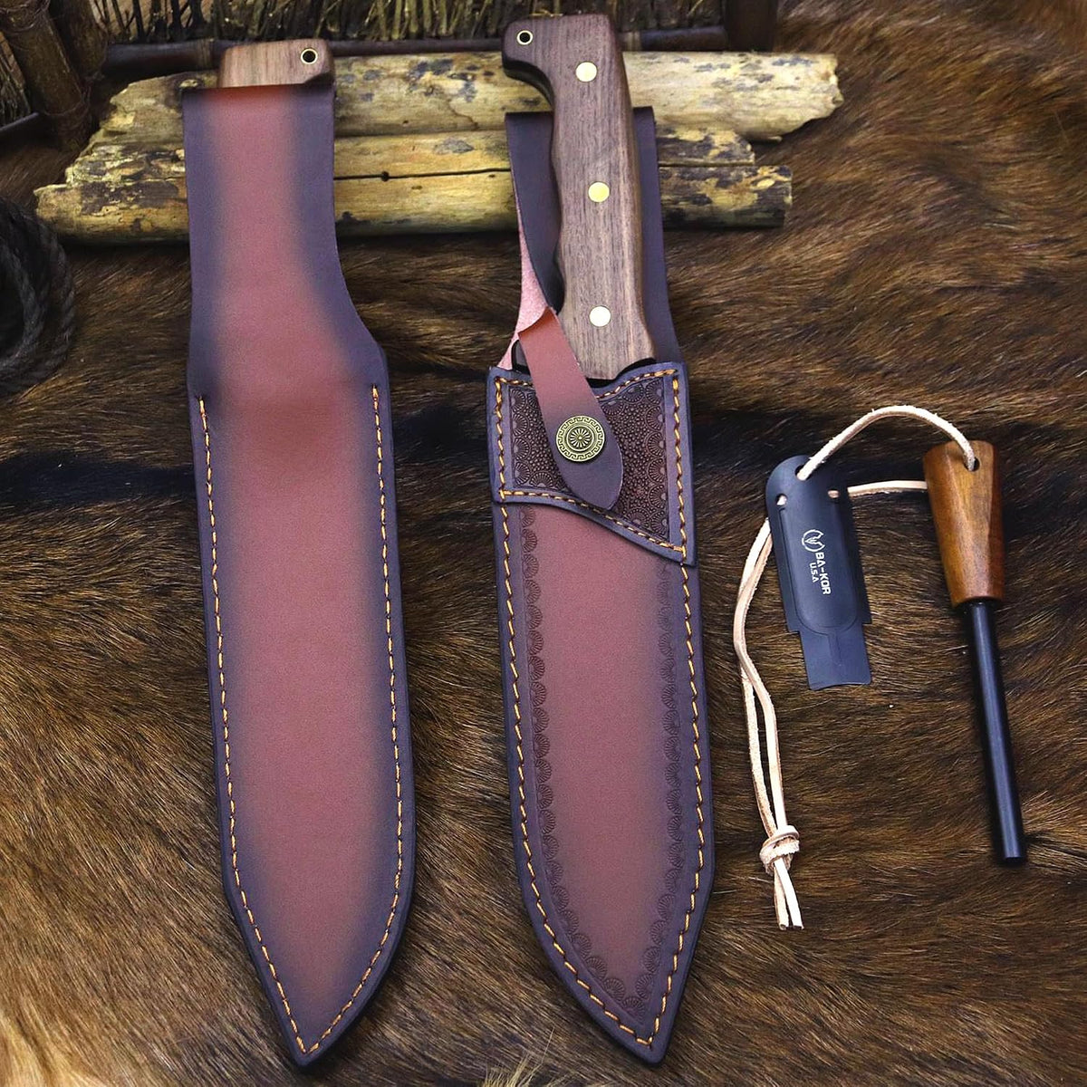 DC53 Steel 36CM (14.3IN) Full Tang 6mm Thick Fixed Knife+Sheath&(5.9IN) Cerium Igniter, Suitable for Outdoor Hunting, Camping, Survival Exploration, EDC