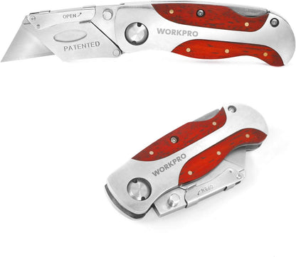 Quick-Change Utility Knife, Classical Retro Style Wood Grain Handle | Folding Box Cutter with Clip, Back Lock Design, Compact Carry