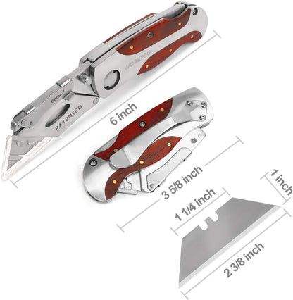 Quick-Change Utility Knife, Classical Retro Style Wood Grain Handle | Folding Box Cutter with Clip, Back Lock Design, Compact Carry