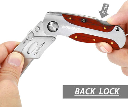Quick-Change Utility Knife, Classical Retro Style Wood Grain Handle | Folding Box Cutter with Clip, Back Lock Design, Compact Carry
