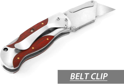 Quick-Change Utility Knife, Classical Retro Style Wood Grain Handle | Folding Box Cutter with Clip, Back Lock Design, Compact Carry