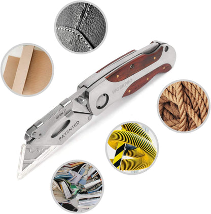 Quick-Change Utility Knife, Classical Retro Style Wood Grain Handle | Folding Box Cutter with Clip, Back Lock Design, Compact Carry