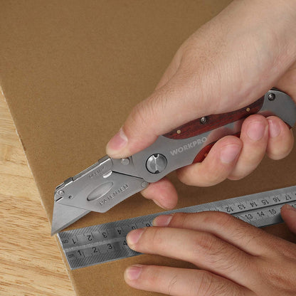 Quick-Change Utility Knife, Classical Retro Style Wood Grain Handle | Folding Box Cutter with Clip, Back Lock Design, Compact Carry