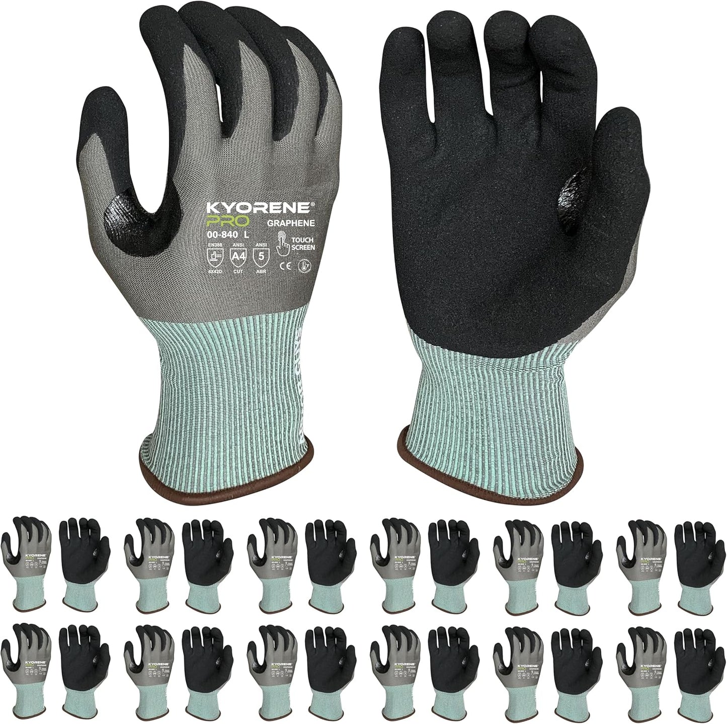 00-840 Cut Resistant Work Gloves – Large, 12 Pairs | 18-gauge Kyorene Pro graphene gloves with touchscreen nitrile-coated palms for construction, industrial and everyday use.