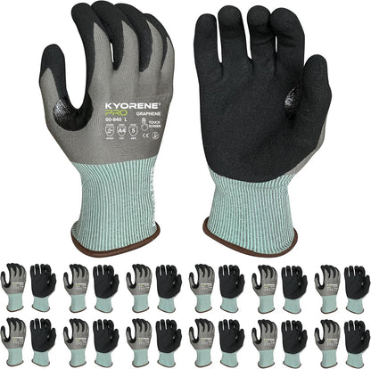 00-840 Cut Resistant Work Gloves – Large, 12 Pairs | 18-gauge Kyorene Pro graphene gloves with touchscreen nitrile-coated palms for construction, industrial and everyday use.
