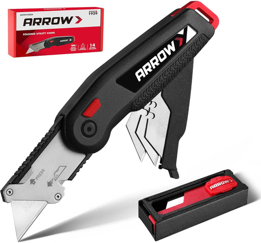 ARROW Utility Knife, Speed Release Folding Knife with 13 Blades | Quick Change Box Cutter, Blade Storage, Belt Clip, Lanyard Hole, SK2 Blades, Package Opening, Workshop, Outdoor Use
