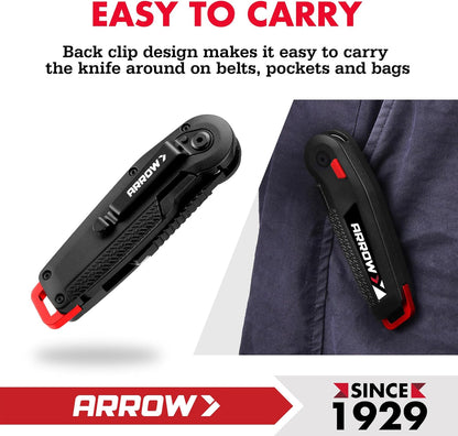 ARROW Utility Knife, Speed Release Folding Knife with 13 Blades | Quick Change Box Cutter, Blade Storage, Belt Clip, Lanyard Hole, SK2 Blades, Package Opening, Workshop, Outdoor Use