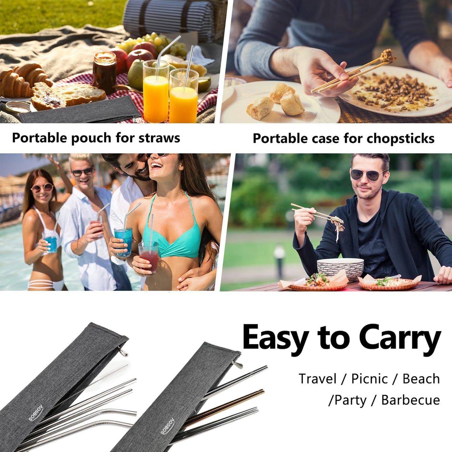 Chopstick Carrying Case without Chopsticks, Reusable Chopsticks Bag, Chopsticks Sleeve, Travel Utensil Set Pouch for Metal, Bamboo, Stainless Steel Chopsticks - Black