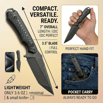Compact Full Tang Fixed Blade Knife with D2 Steel and Carbon Fiber | 3.5" Blade, 3.6 oz with Kydex Sheath for Camping, Hiking and Daily Utility