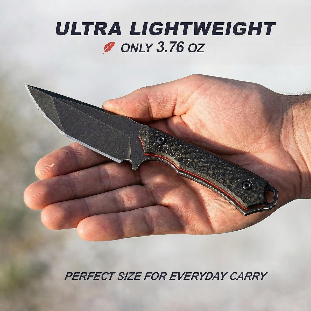 Compact Full Tang Fixed Blade Knife with D2 Steel and Carbon Fiber | 3.5" Blade, 3.6 oz with Kydex Sheath for Camping, Hiking and Daily Utility