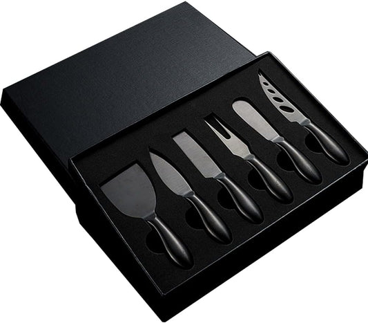 Black Cheese Knives Set 6 Piece Slicer Cutter Fork Spreader Tool Collection | Stainless Steel Kitchen Cheese Butter Spreader Server Complete Set