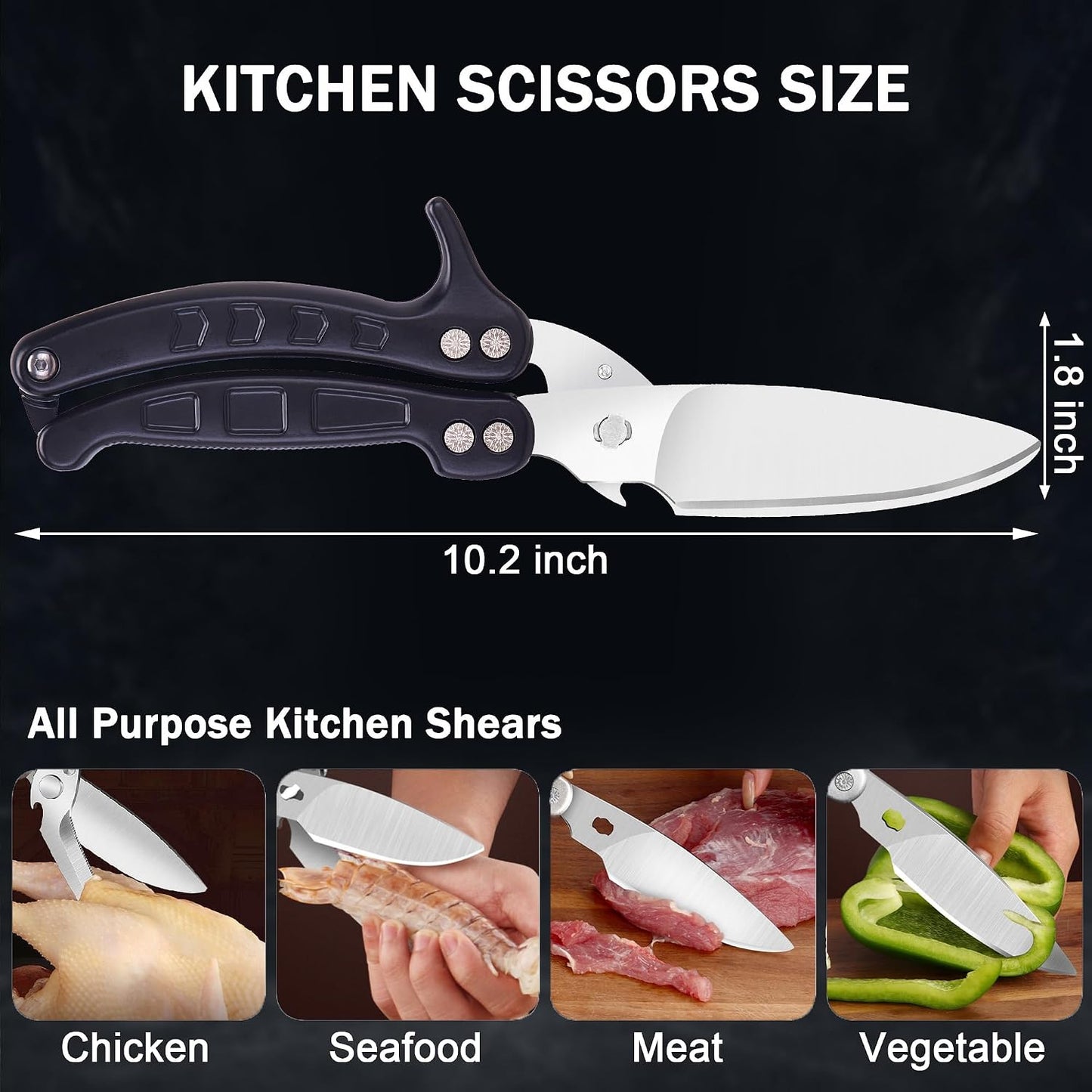 Heavy Duty Kitchen Shears,Poultry Shears with Safety Lock,Black | Dishwasher Safe and Stainless Food Kitchen Scissors for for Chicken, Meat Cutting, Turkey, Fish, Vegetables, Spring Loaded