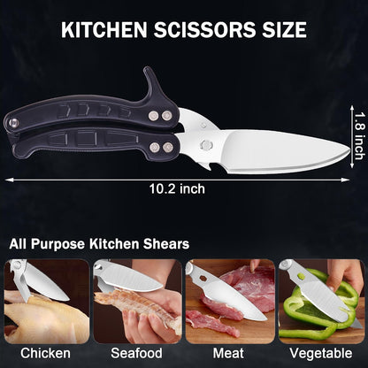 Heavy Duty Kitchen Shears,Poultry Shears with Safety Lock,Black | Dishwasher Safe and Stainless Food Kitchen Scissors for for Chicken, Meat Cutting, Turkey, Fish, Vegetables, Spring Loaded