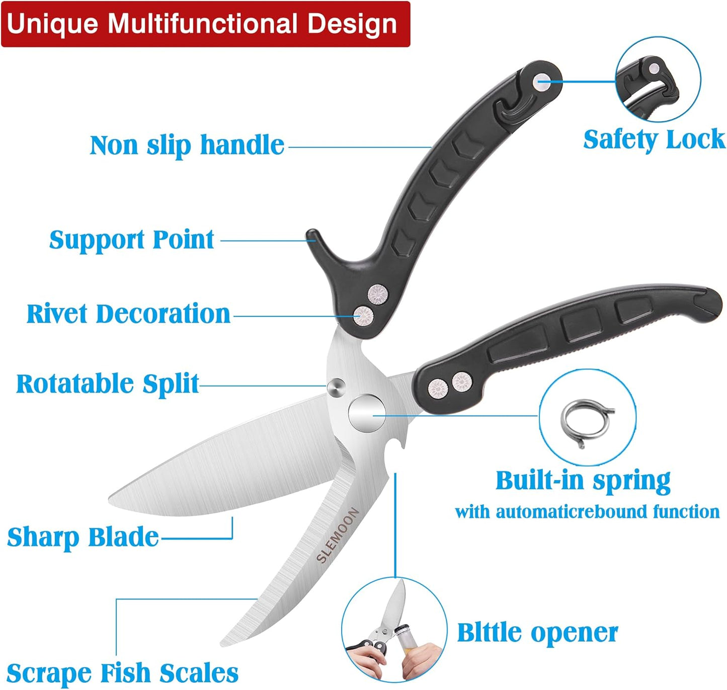Heavy Duty Kitchen Shears,Poultry Shears with Safety Lock,Black | Dishwasher Safe and Stainless Food Kitchen Scissors for for Chicken, Meat Cutting, Turkey, Fish, Vegetables, Spring Loaded