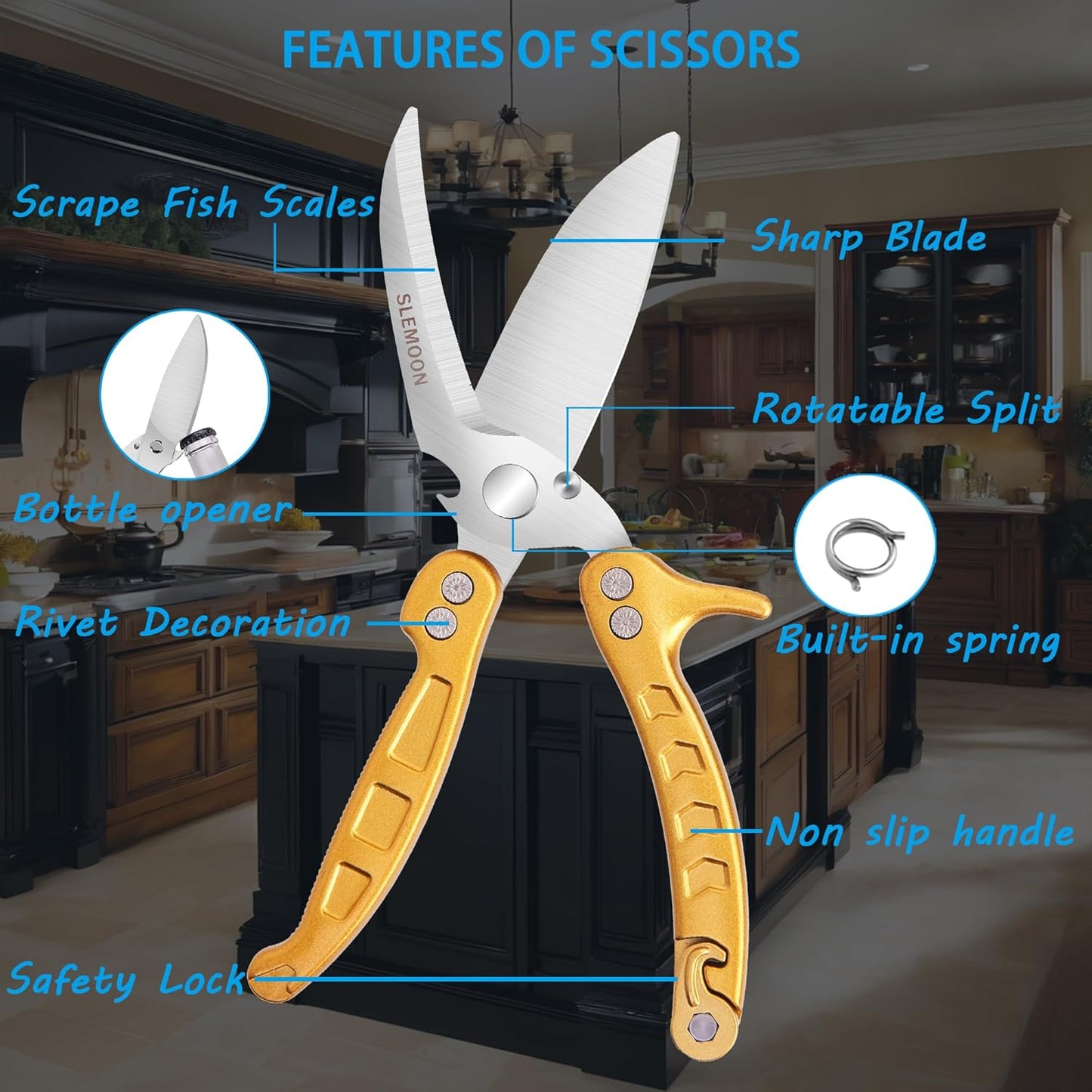 Heavy Duty Kitchen Shears,Poultry Shears with Safety Lock,Black | Dishwasher Safe and Stainless Food Kitchen Scissors for for Chicken, Meat Cutting, Turkey, Fish, Vegetables, Spring Loaded