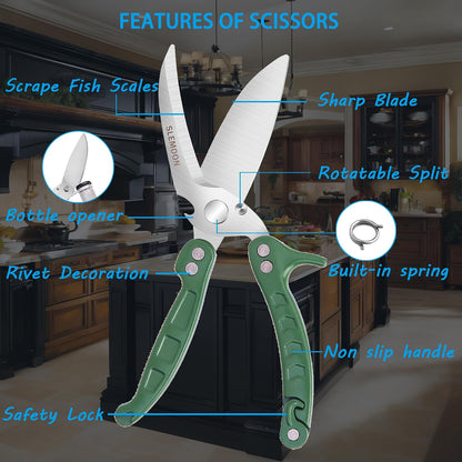 Heavy Duty Kitchen Shears,Poultry Shears with Safety Lock,Black | Dishwasher Safe and Stainless Food Kitchen Scissors for for Chicken, Meat Cutting, Turkey, Fish, Vegetables, Spring Loaded