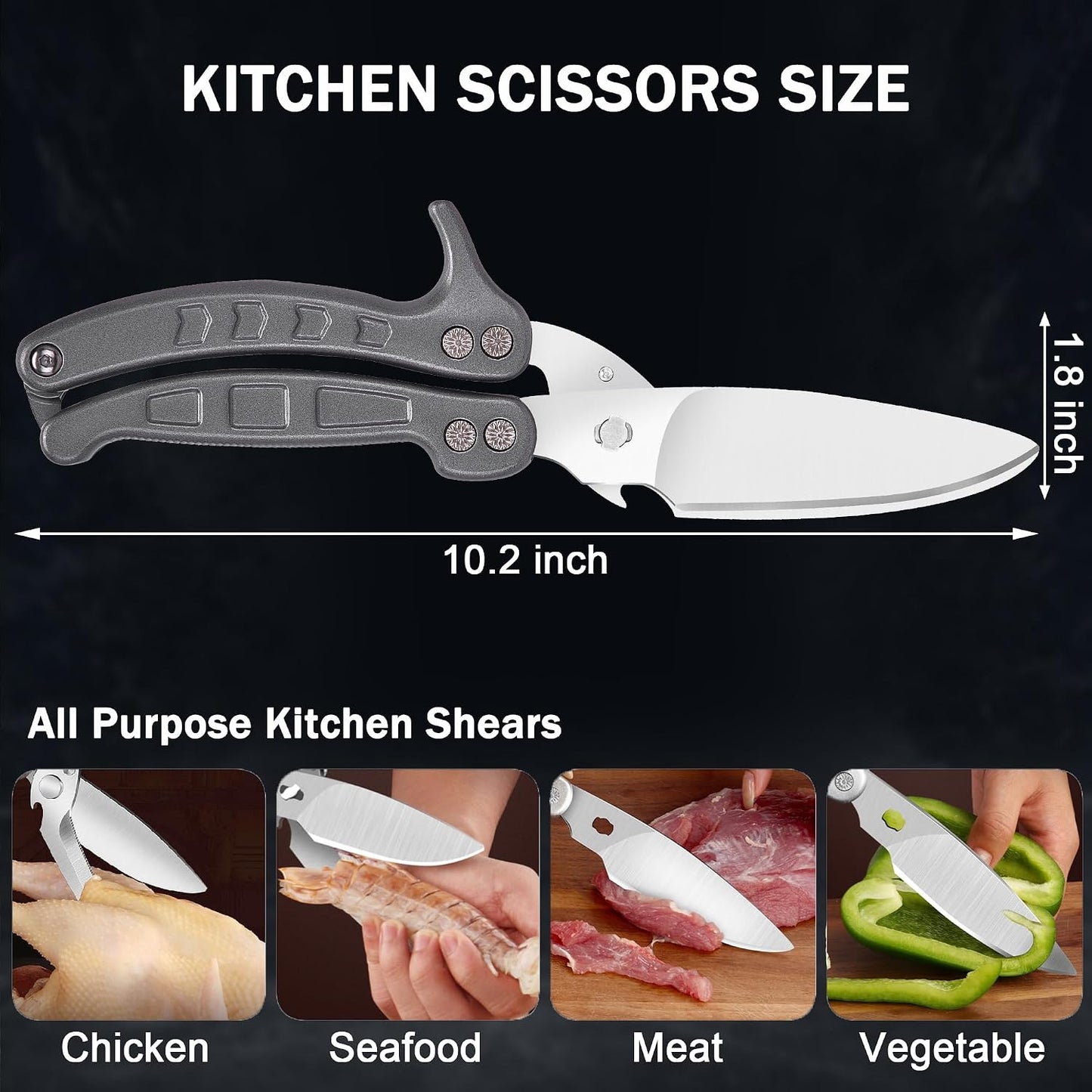 Heavy Duty Kitchen Shears,Poultry Shears with Safety Lock,Black | Dishwasher Safe and Stainless Food Kitchen Scissors for for Chicken, Meat Cutting, Turkey, Fish, Vegetables, Spring Loaded