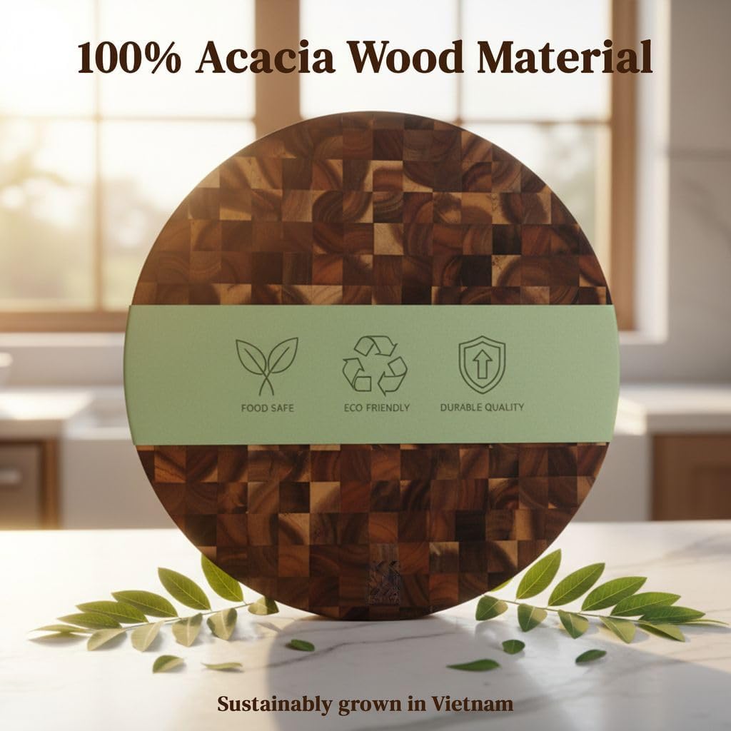 Premium Acacia Wood End Grain Round Cutting Board 12" x 12" x 1" Thick Butcher Block for Pizza, Meat & Charcuterie, Solid Non-toxic Wood Cutting Board with Handle by New M Way