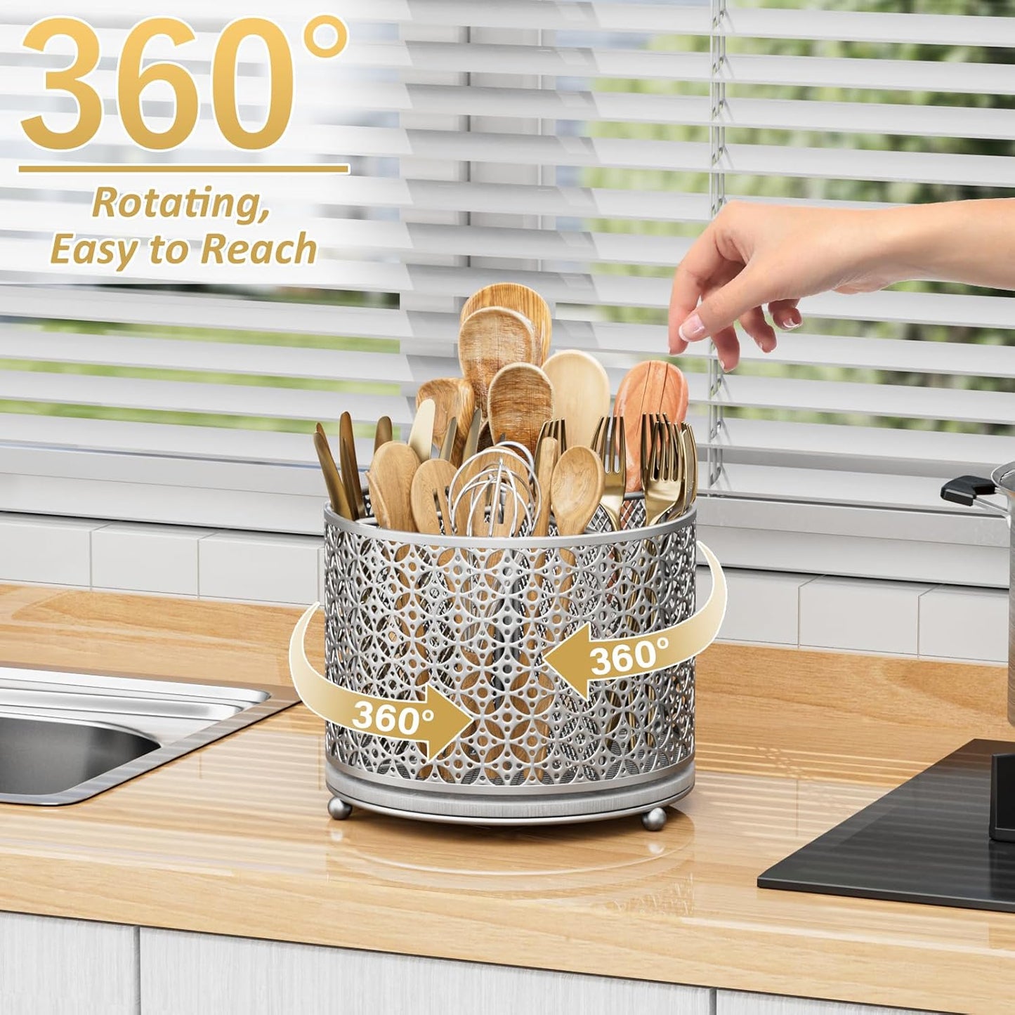 360° Rotating Utensil Holder Caddy - Fast-Drying Silverware Flatware Organizer - 4 Compartment Large Cutlery Holder with Handle For Kitchen Countertop Party Office Picnic Table Black