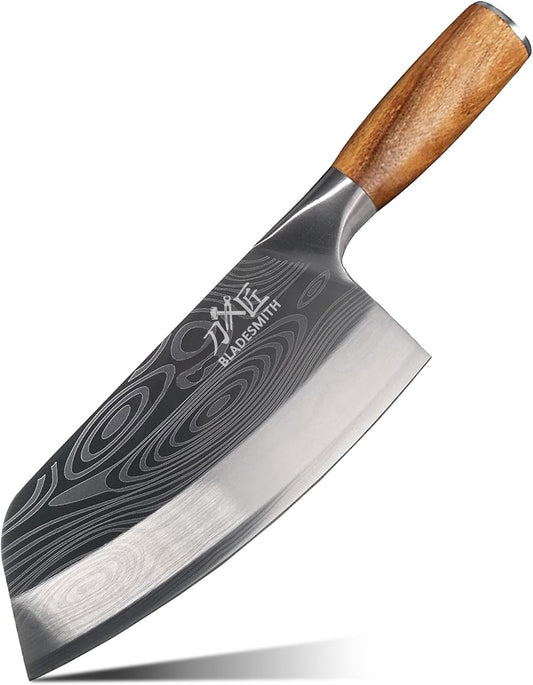 Cleaver Knife for unfrozen meat and vegetable, 7" Chinese Chef's Kitchen slicer, Razor sharp HC German Stainless Steel blade with lasered damascus pattern, pearwood Handle