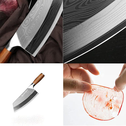 Cleaver Knife for unfrozen meat and vegetable, 7" Chinese Chef's Kitchen slicer, Razor sharp HC German Stainless Steel blade with lasered damascus pattern, pearwood Handle