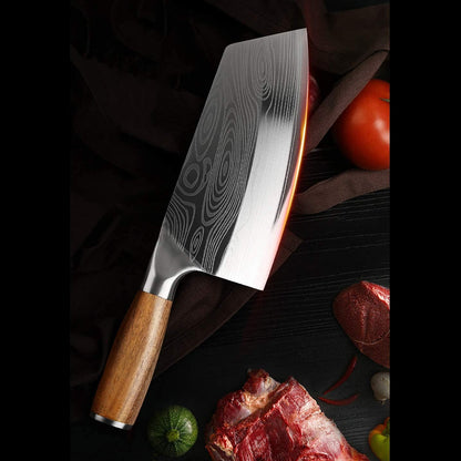 Cleaver Knife for unfrozen meat and vegetable, 7" Chinese Chef's Kitchen slicer, Razor sharp HC German Stainless Steel blade with lasered damascus pattern, pearwood Handle