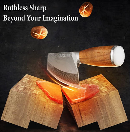 Cleaver Knife for unfrozen meat and vegetable, 7" Chinese Chef's Kitchen slicer, Razor sharp HC German Stainless Steel blade with lasered damascus pattern, pearwood Handle