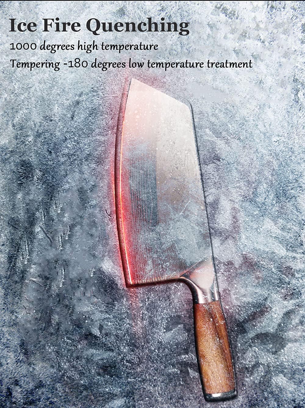Cleaver Knife for unfrozen meat and vegetable, 7" Chinese Chef's Kitchen slicer, Razor sharp HC German Stainless Steel blade with lasered damascus pattern, pearwood Handle