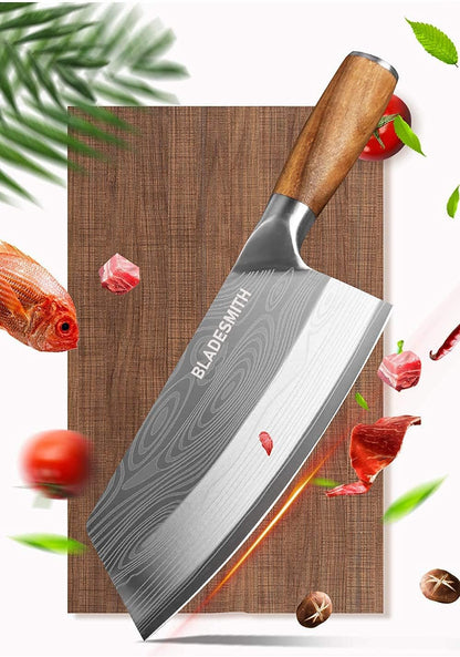 Cleaver Knife for unfrozen meat and vegetable, 7" Chinese Chef's Kitchen slicer, Razor sharp HC German Stainless Steel blade with lasered damascus pattern, pearwood Handle