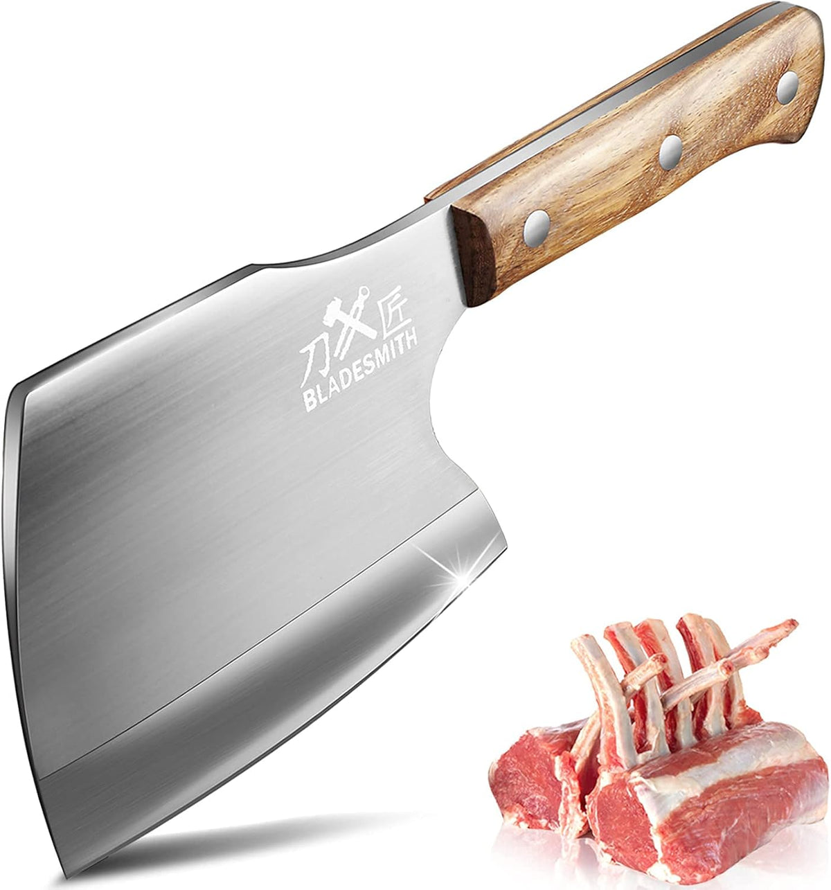 Cleaver Knife for unfrozen meat and vegetable, 7" Chinese Chef's Kitchen slicer, Razor sharp HC German Stainless Steel blade with lasered damascus pattern, pearwood Handle