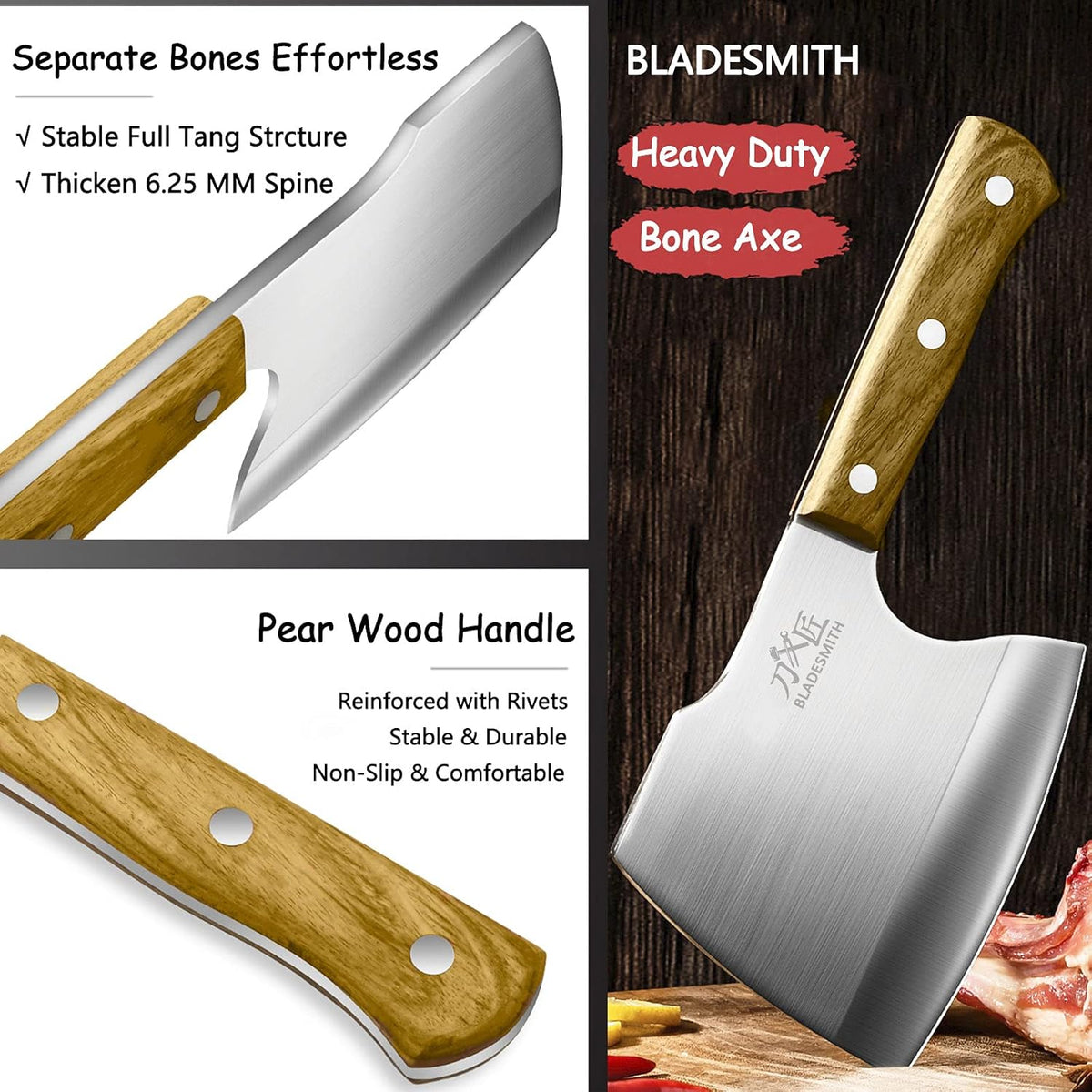 Cleaver Knife for unfrozen meat and vegetable, 7" Chinese Chef's Kitchen slicer, Razor sharp HC German Stainless Steel blade with lasered damascus pattern, pearwood Handle