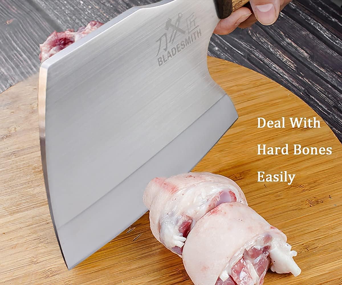 Cleaver Knife for unfrozen meat and vegetable, 7" Chinese Chef's Kitchen slicer, Razor sharp HC German Stainless Steel blade with lasered damascus pattern, pearwood Handle
