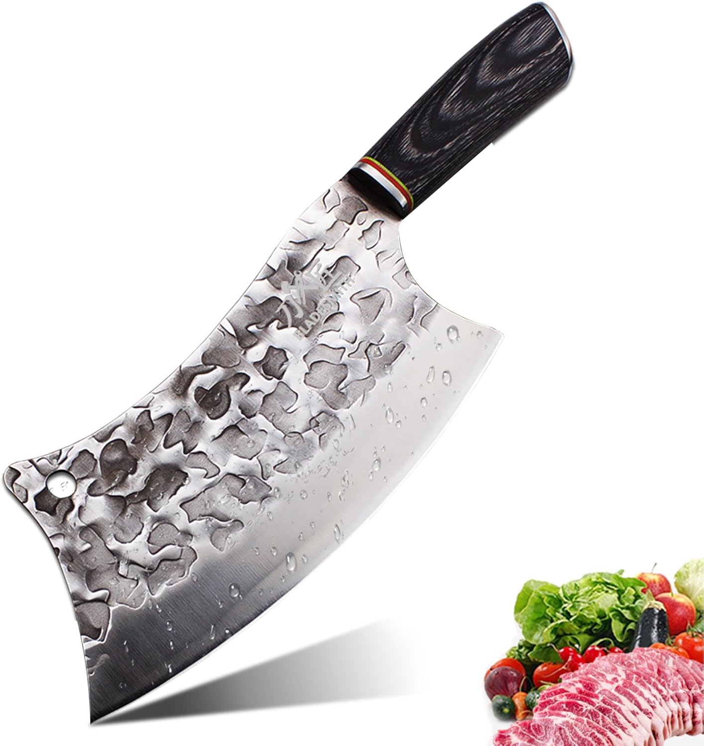 Cleaver Knife for unfrozen meat and vegetable, 7" Chinese Chef's Kitchen slicer, Razor sharp HC German Stainless Steel blade with lasered damascus pattern, pearwood Handle